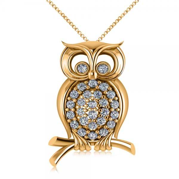Diamond Accented Owl Pendant Necklace 14k Yellow Gold (0.34ct)