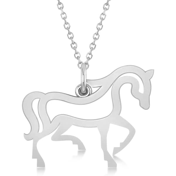 Galloping Horse Pendant Necklace Plain Metal 14k White Gold
