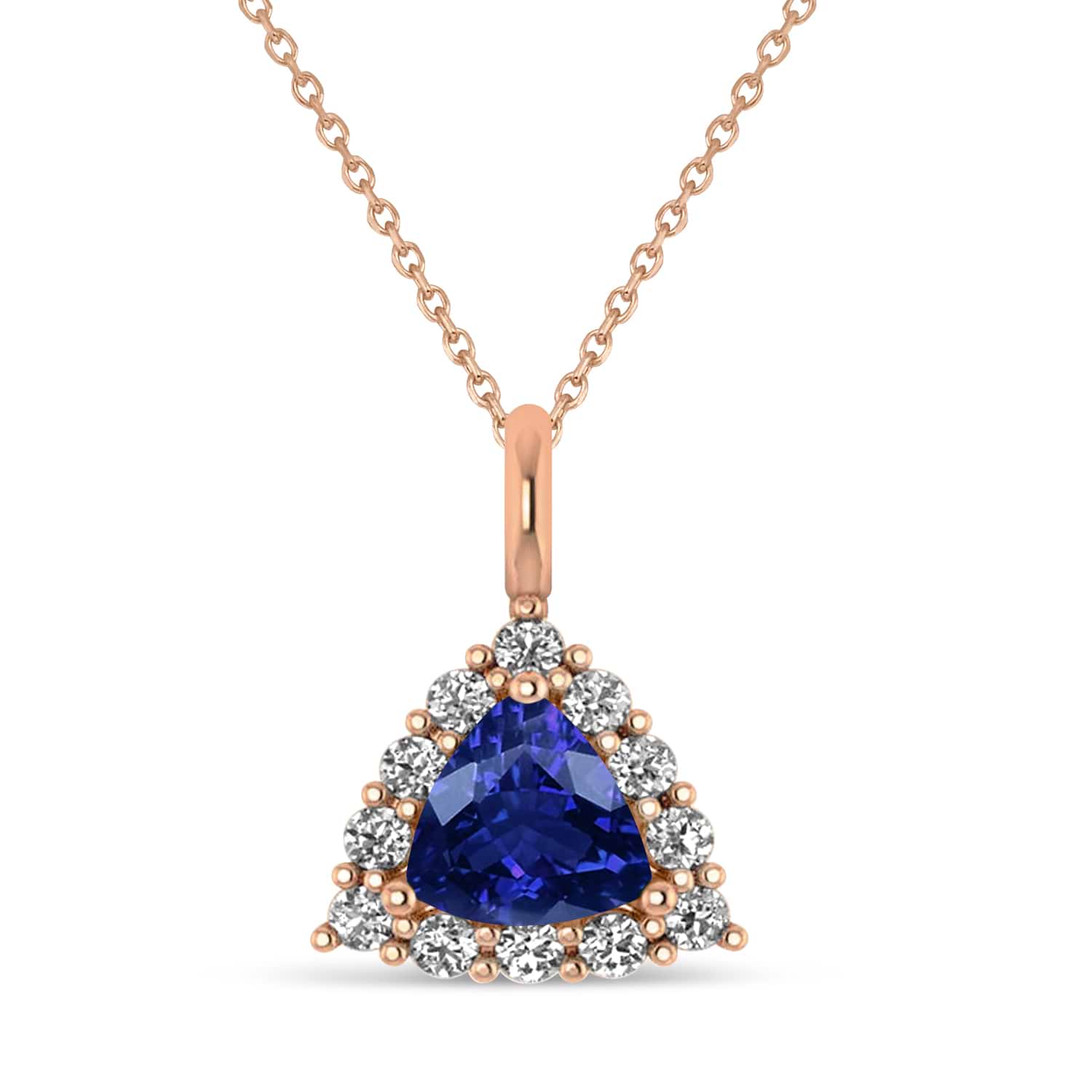 Diamond & Blue Sapphire Trillion Cut Pendant Necklace 14k Rose Gold (1.78ct)