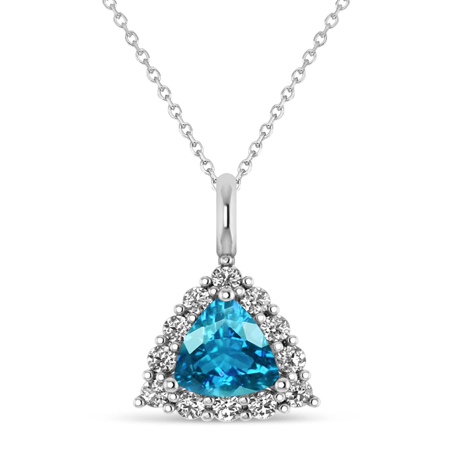 Diamond & Blue Topaz Trillion Cut Pendant Necklace 14k White Gold (1.6ct)