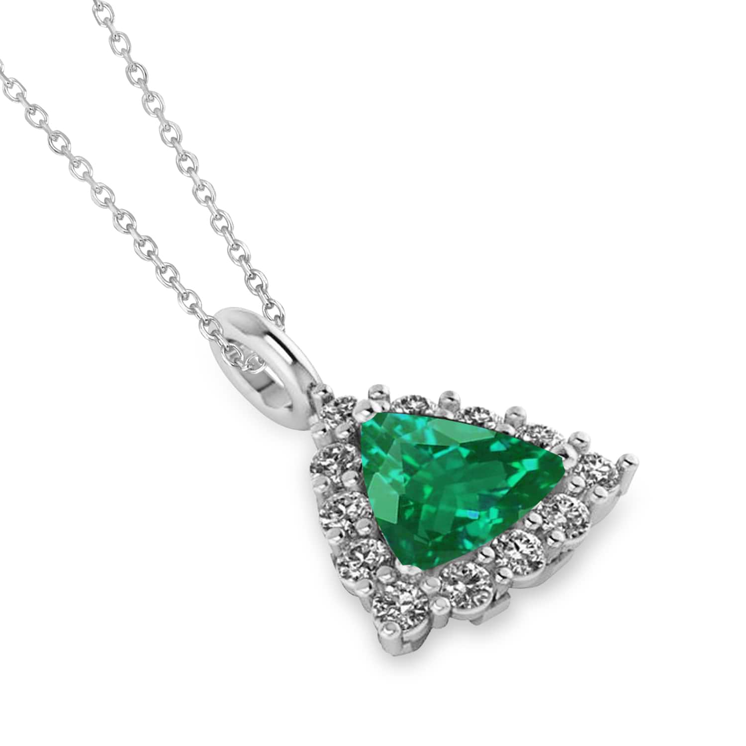 Diamond & Emerald Trillion Cut Pendant Necklace 14k White Gold (1.28ct)