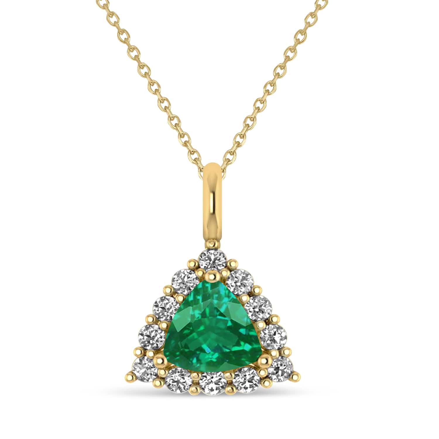 Diamond & Emerald Trillion Cut Pendant Necklace 14k Yellow Gold (1.28ct)