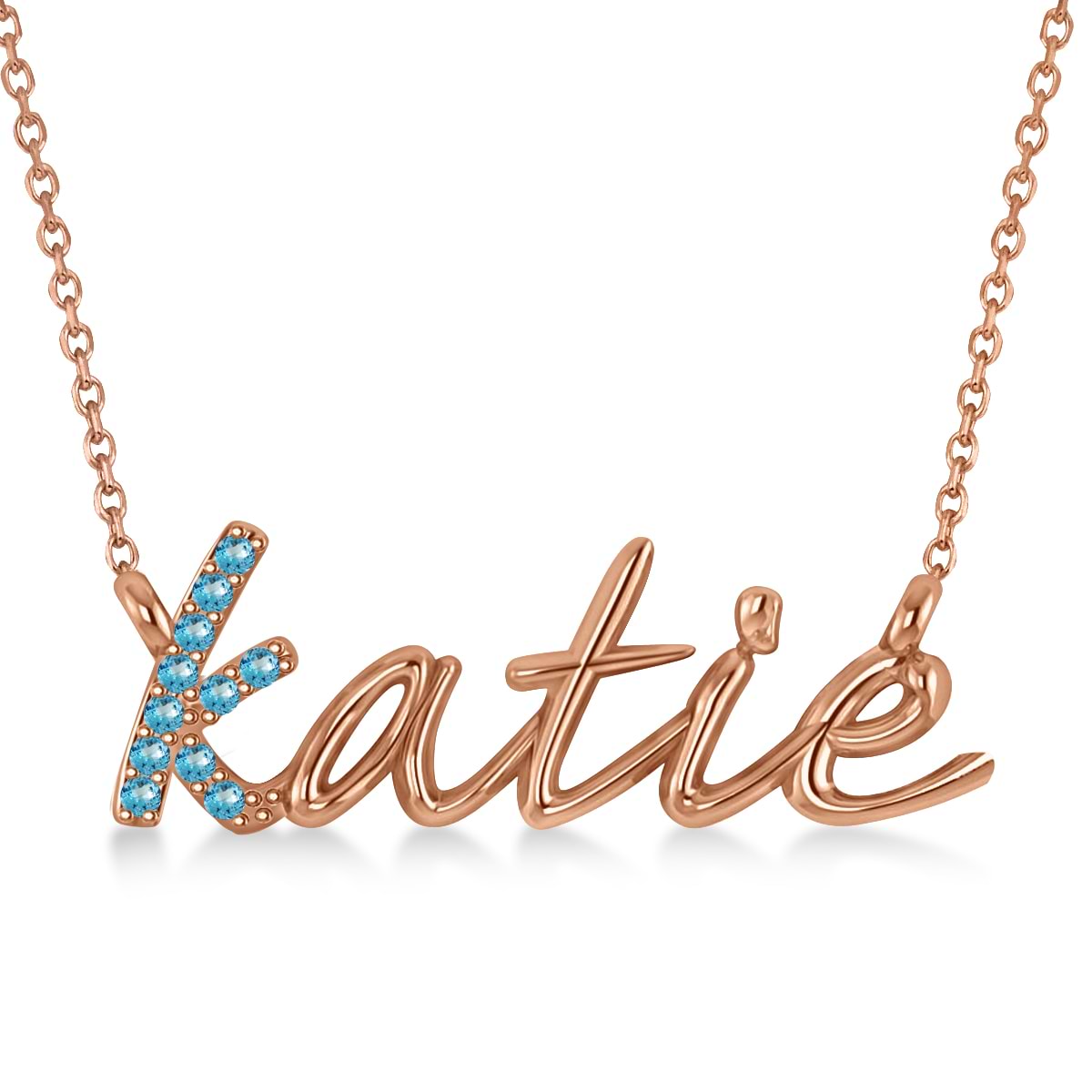 Personalized Blue Topaz Nameplate Pendant Necklace 14k Rose Gold