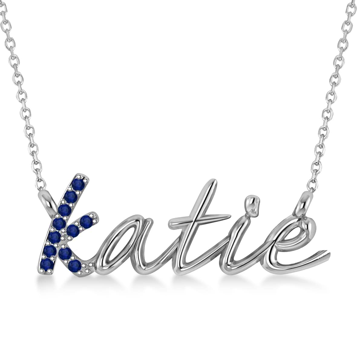Personalized Blue Sapphire Nameplate Pendant Necklace 14k White Gold