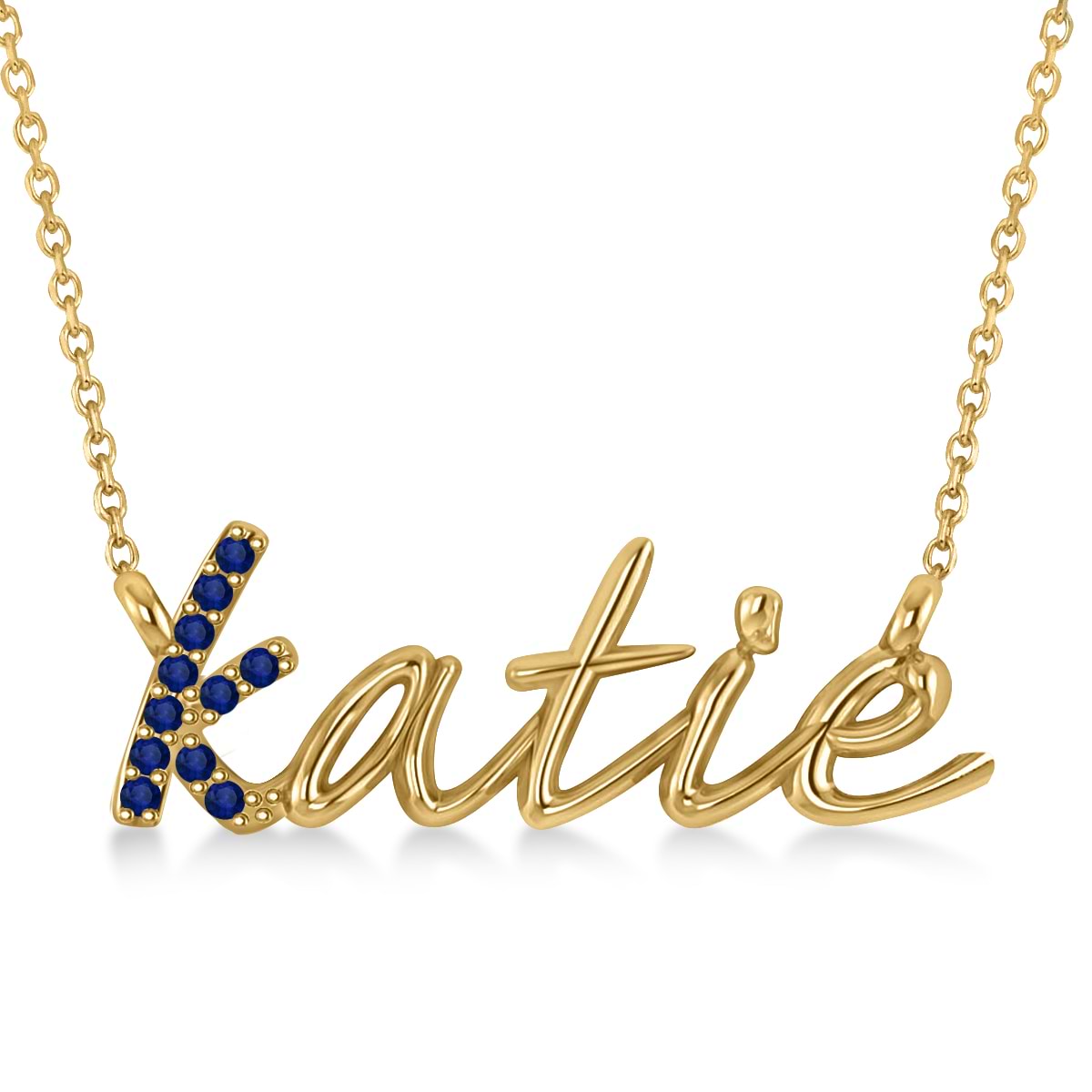 Personalized Blue Sapphire Nameplate Pendant Necklace 14k Yellow Gold