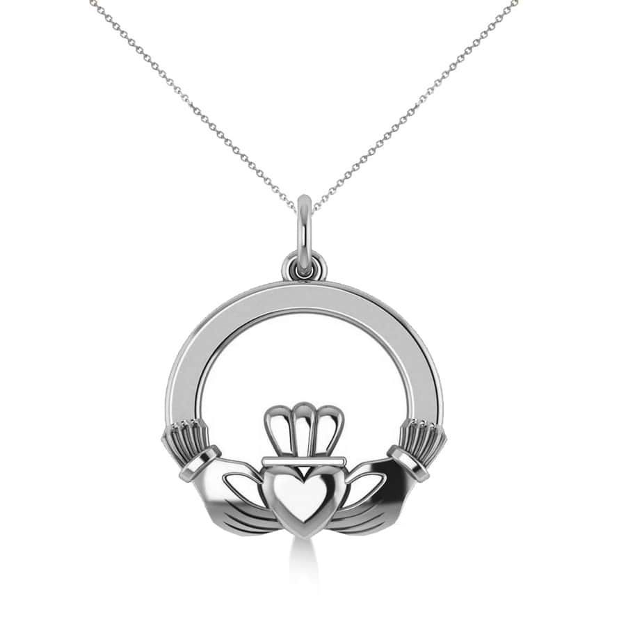 Heart Charm Claddagh Pendant Necklace in 14k White Gold