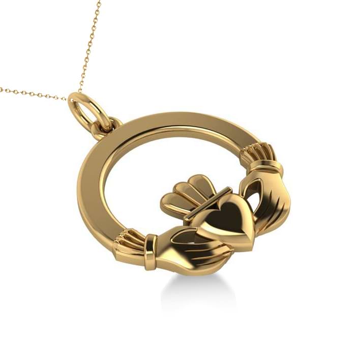 Heart Charm Claddagh Pendant Necklace in 14k Yellow Gold