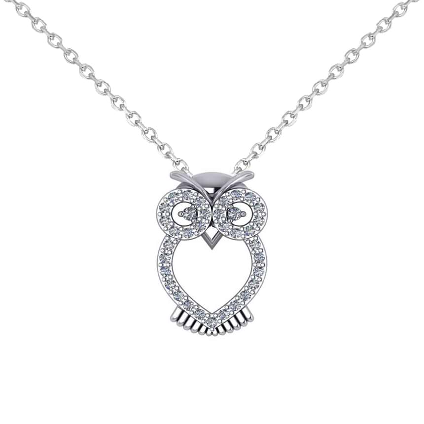 Owl Diamond Pendant Necklace 14k White Gold (0.09ct)