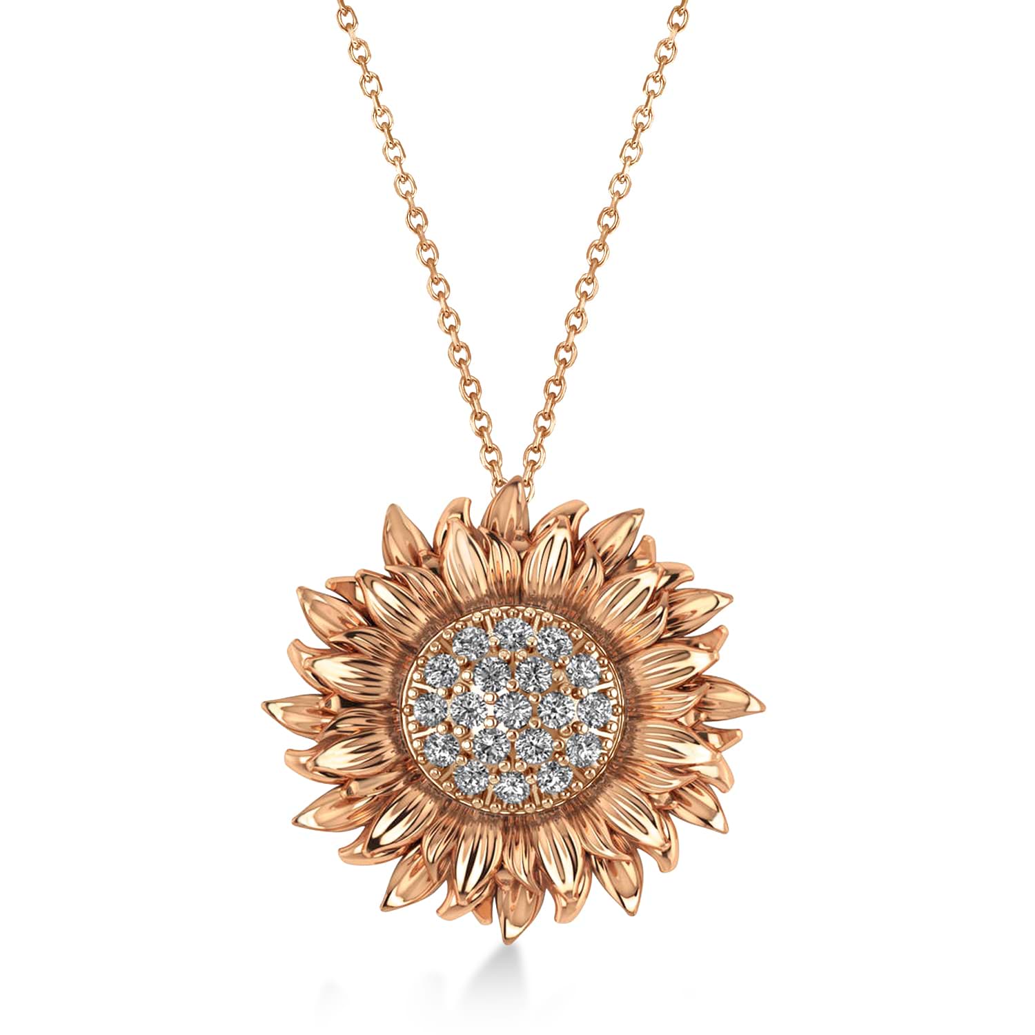 Large Sunflower Diamond Pendant Necklace 18k Rose Gold (0.38ct)