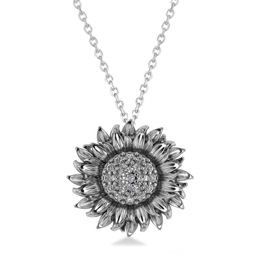 Sunflower Diamond Pendant Necklace 14k White Gold (0.19ct)