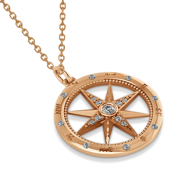 Compass Necklace Pendant Diamond Accented 14kRose Gold (0.19ct)