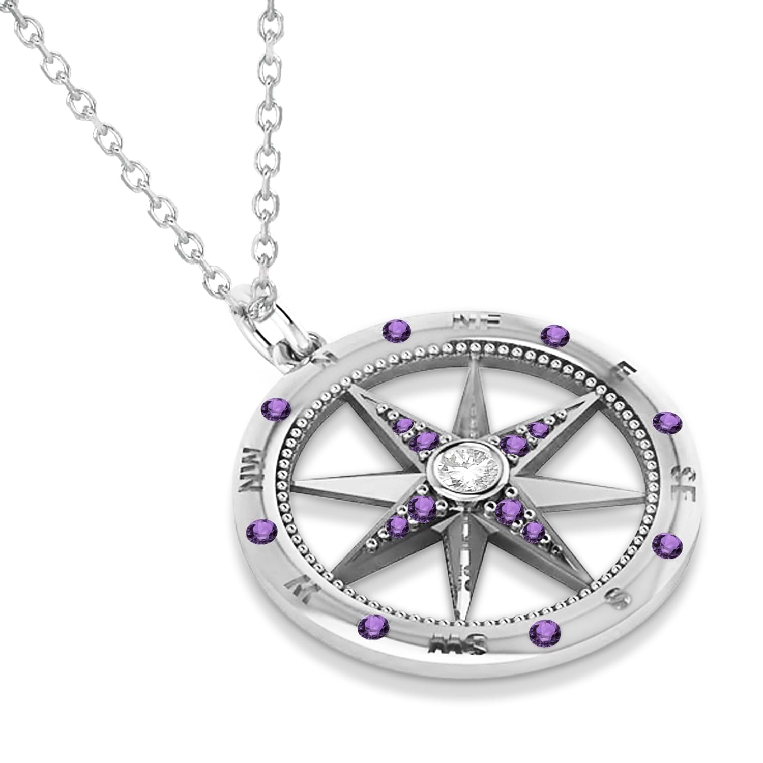 Compass Pendant Amethyst & Diamond Accented 14k White Gold (0.19ct)