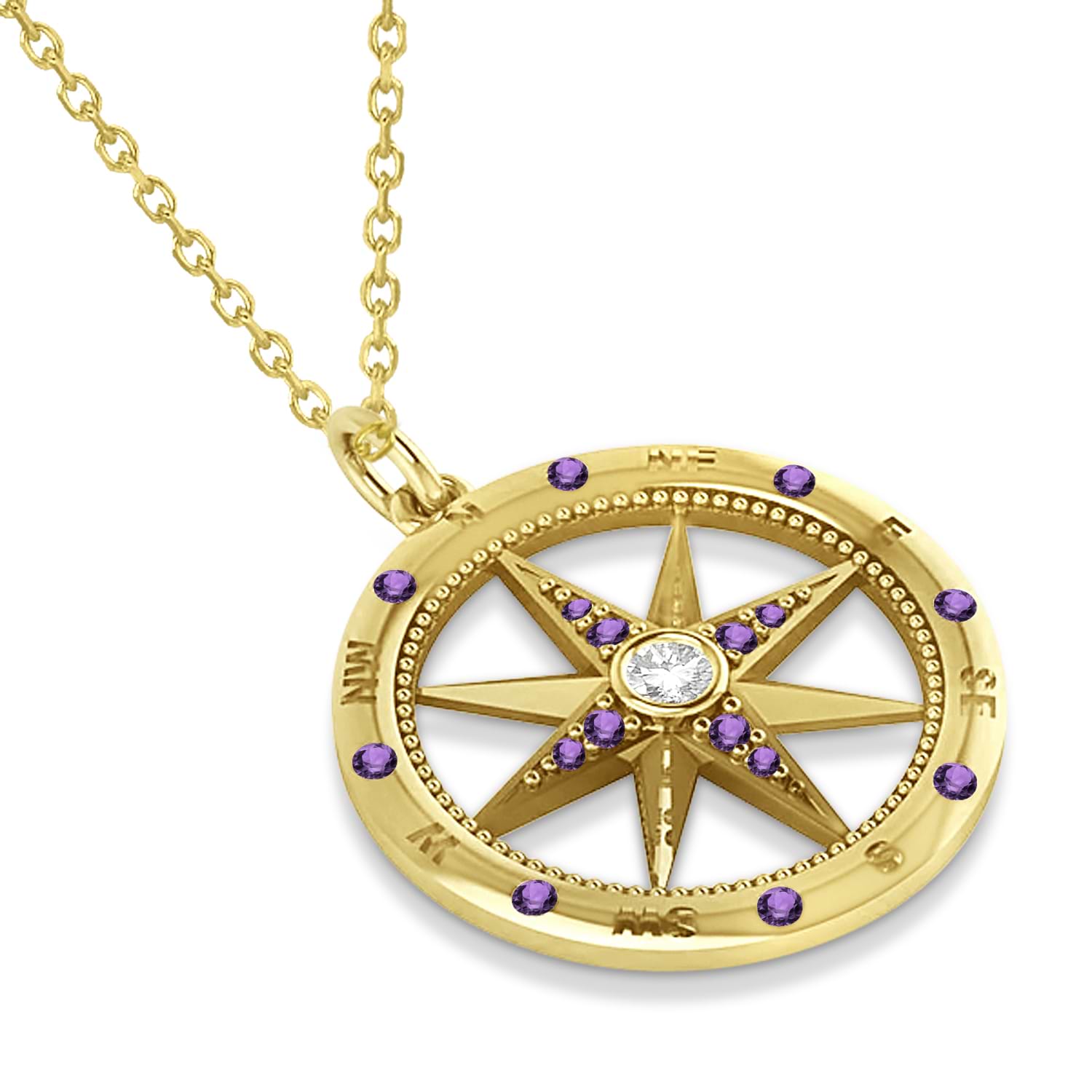 Compass Pendant Amethyst & Diamond Accented 14k Yellow Gold (0.19ct)