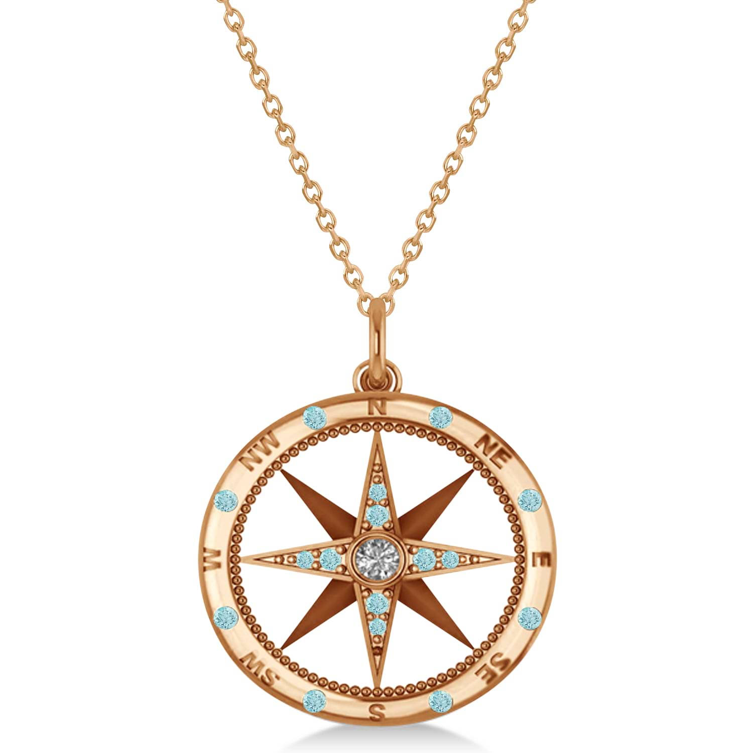 Compass Pendant Aquamarine & Diamond Accented 14k Rose Gold (0.19ct)