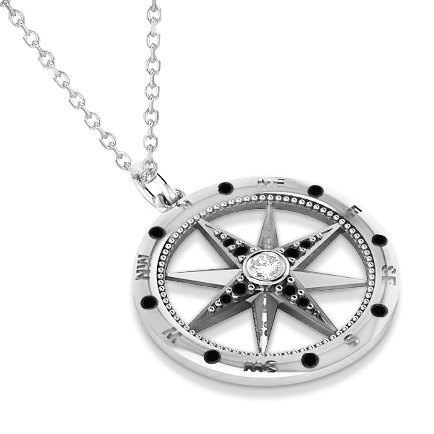 Compass Pendant Black & White Diamond Accented 14k White Gold (0.19ct)