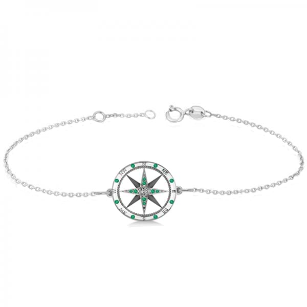 Emerald & Diamond Nautical Compass Bracelet 14k White Gold (0.19ct)