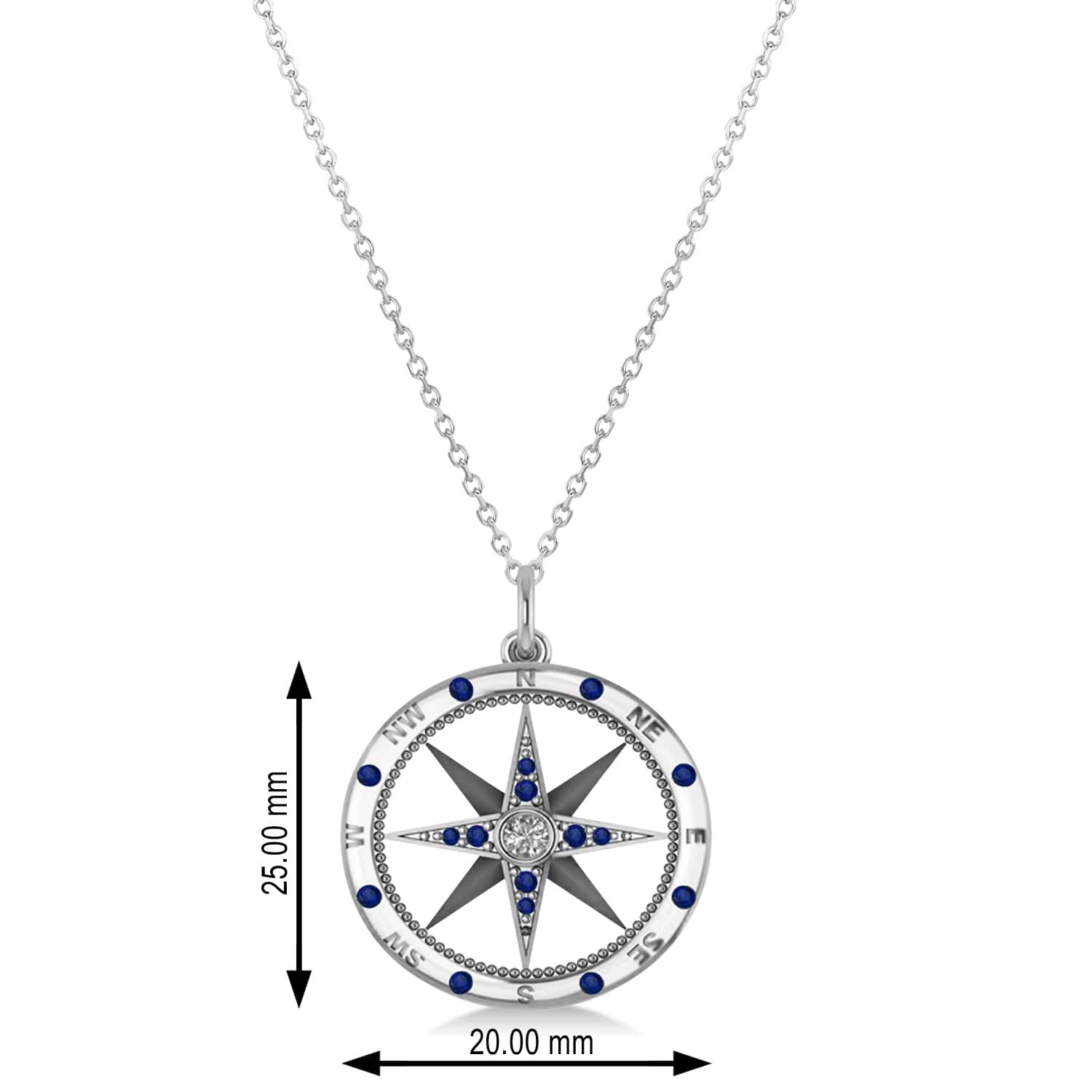 Compass Pendant Blue Sapphire & Diamond Accented 18k White Gold (0.19ct)