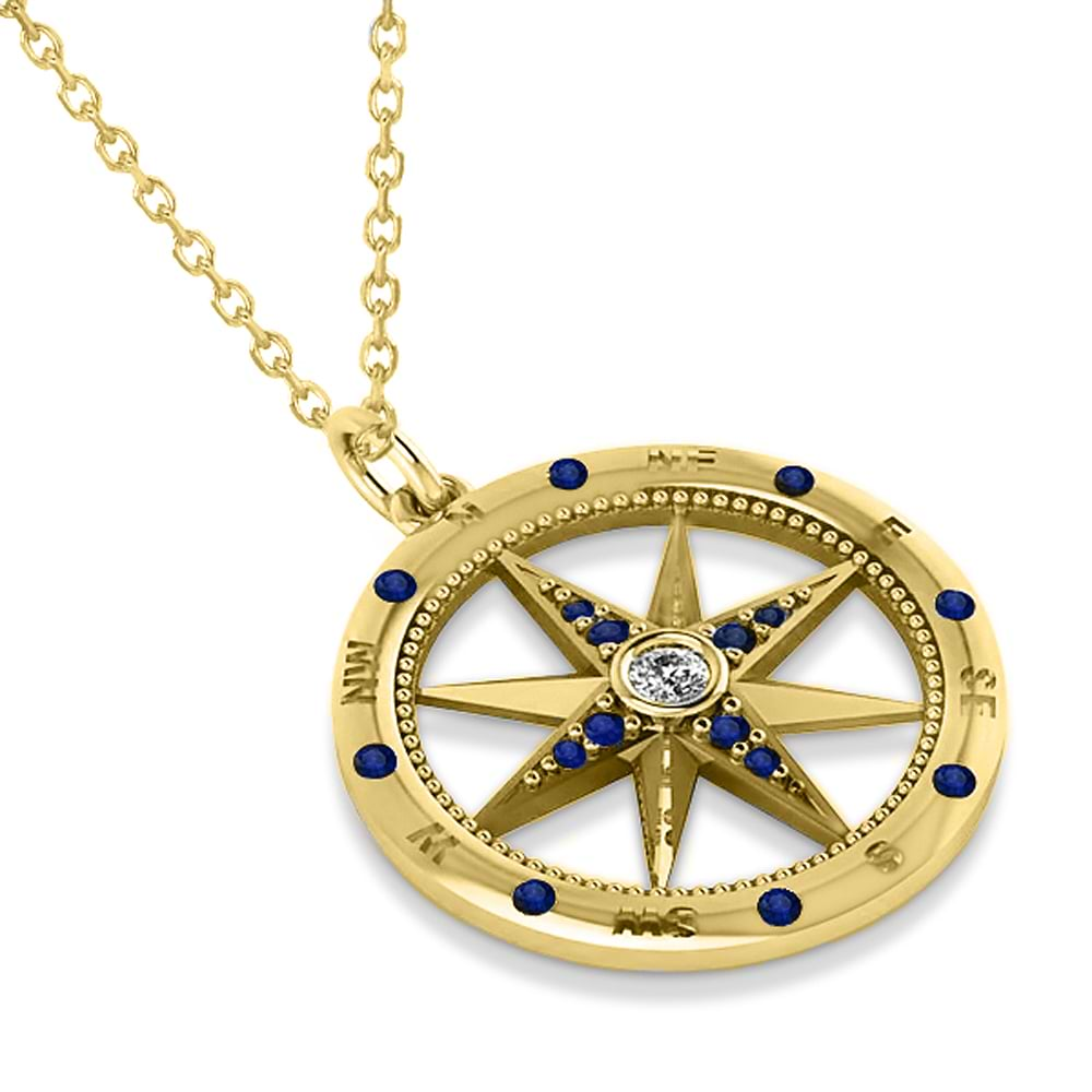 Compass Pendant Blue Sapphire & Diamond Accented 18k Yellow Gold (0.19ct)