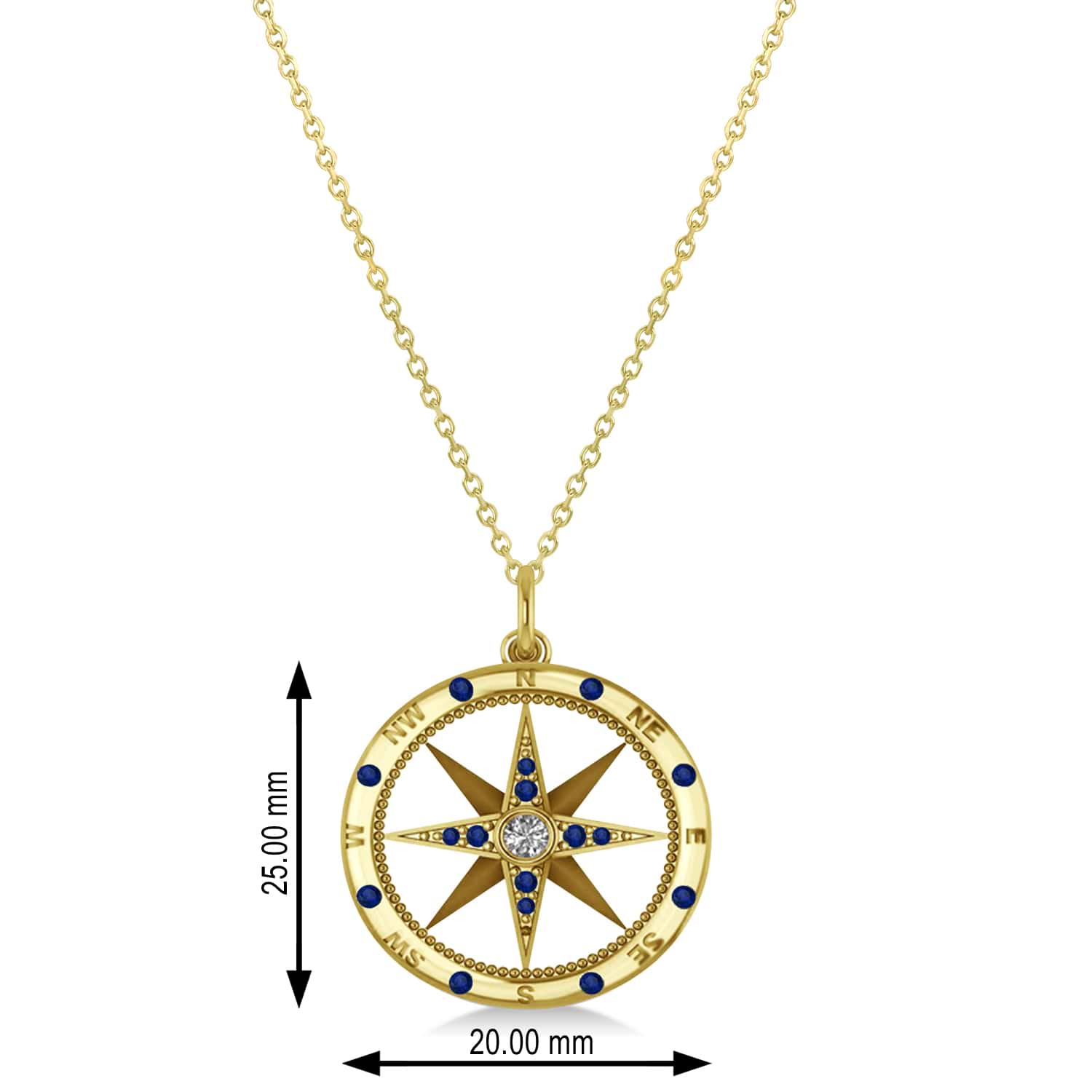 Compass Pendant Blue Sapphire & Diamond Accented 18k Yellow Gold (0.19ct)