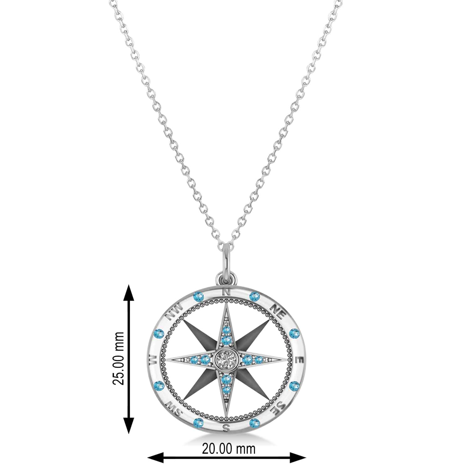 Compass Pendant Blue Topaz & Diamond Accented 14k White Gold (0.19ct)