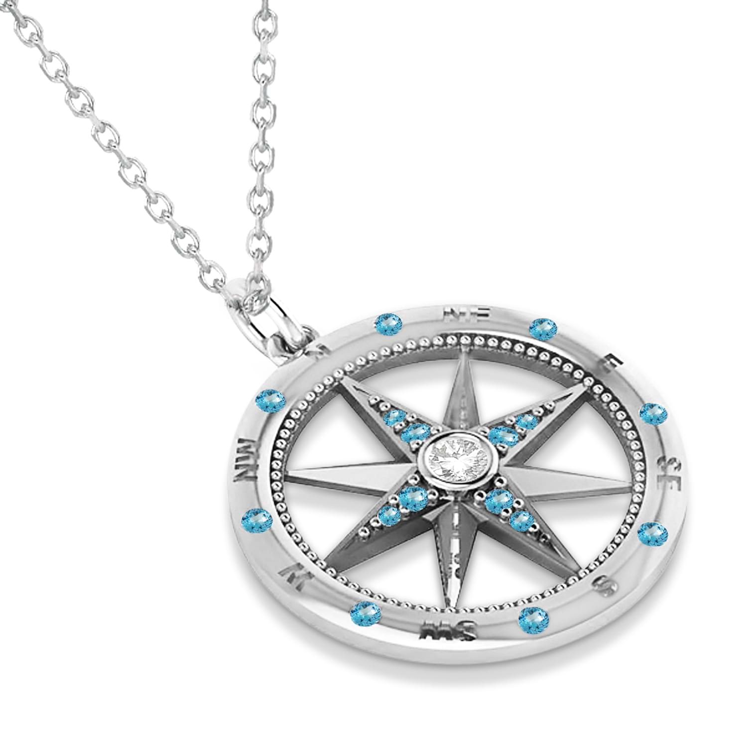 Compass Pendant Blue Topaz & Diamond Accented 18k White Gold (0.19ct)