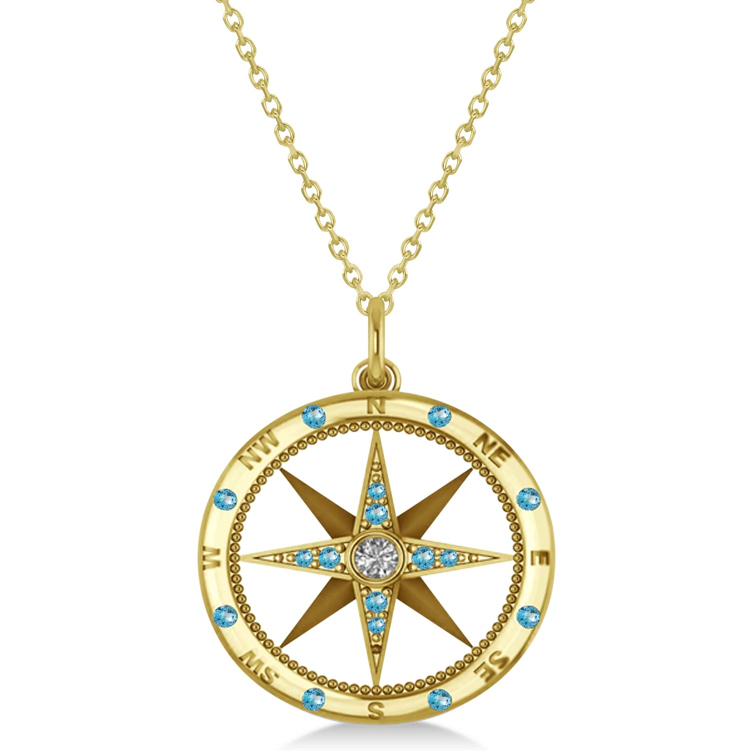 Compass Pendant Blue Topaz & Diamond Accented 18k Yellow Gold (0.19ct)