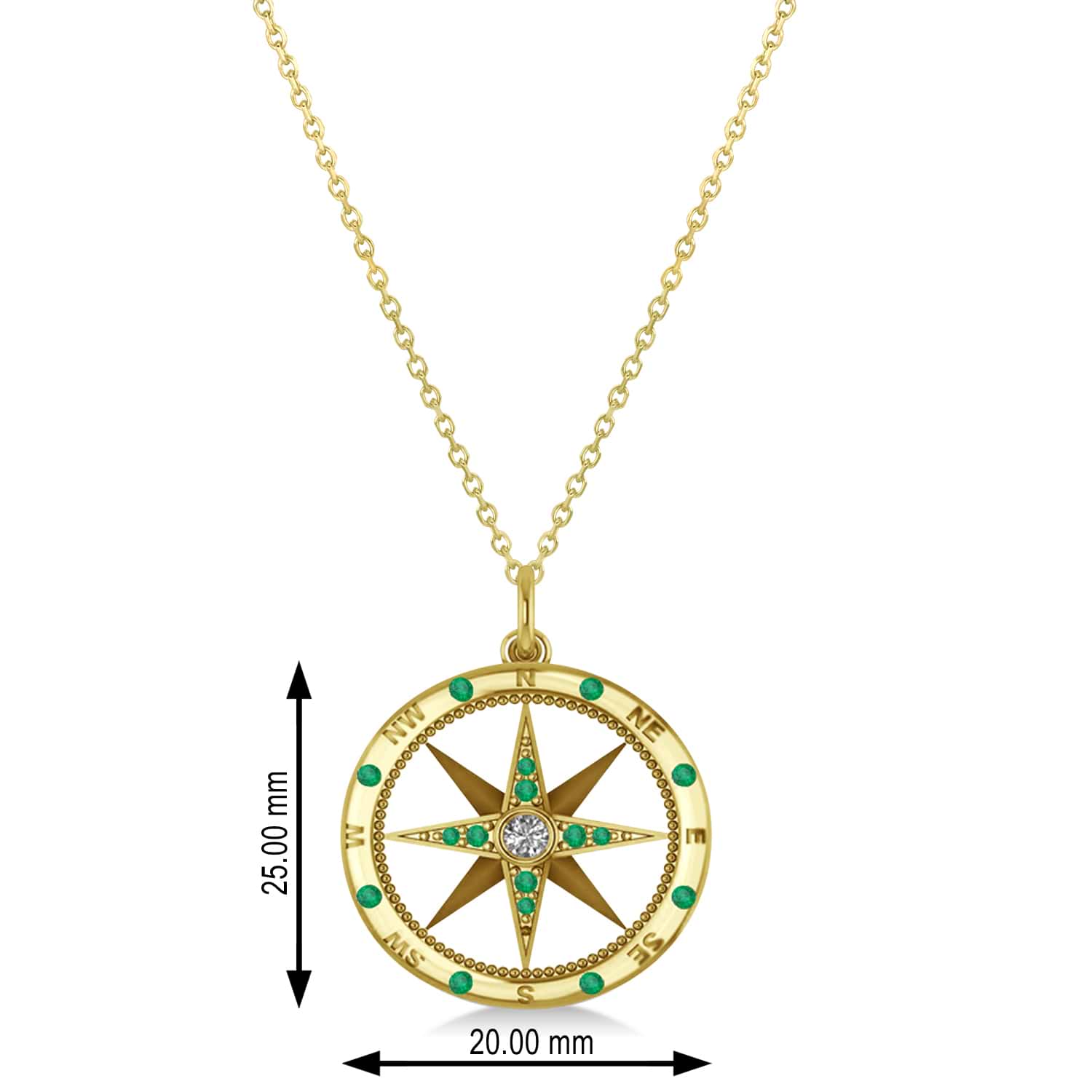 Compass Pendant Emerald & Diamond Accented 18k Yellow Gold (0.19ct)