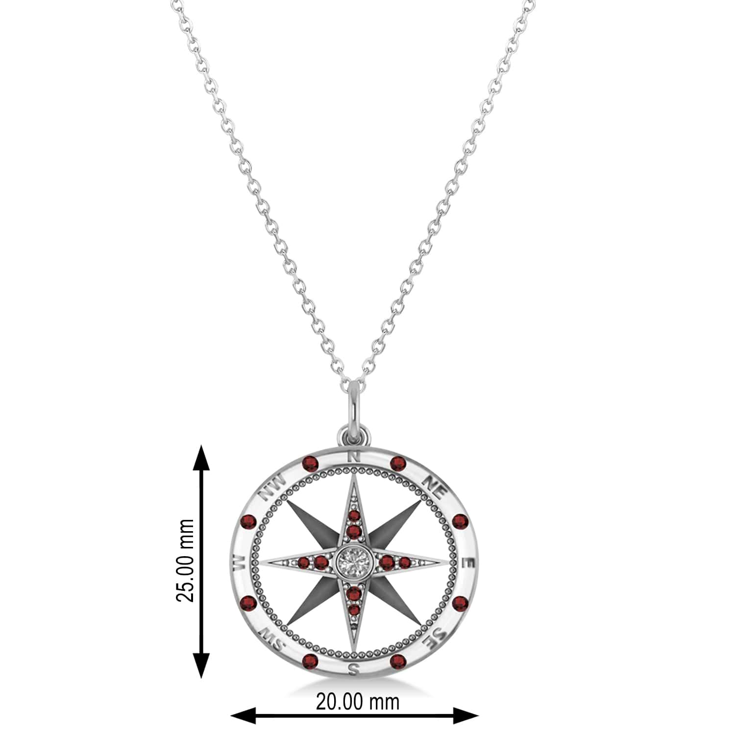 Compass Pendant Garnet & Diamond Accented 14k White Gold (0.19ct)