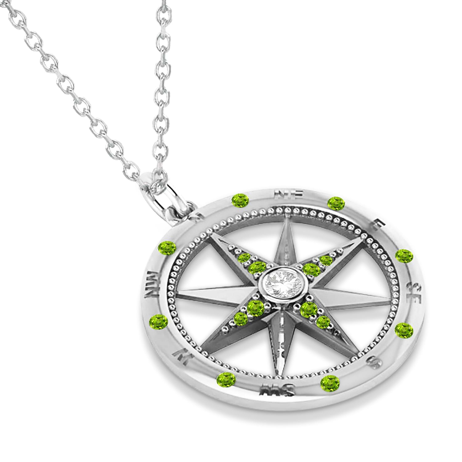 Compass Pendant Peridot & Diamond Accented 14k White Gold (0.19ct)