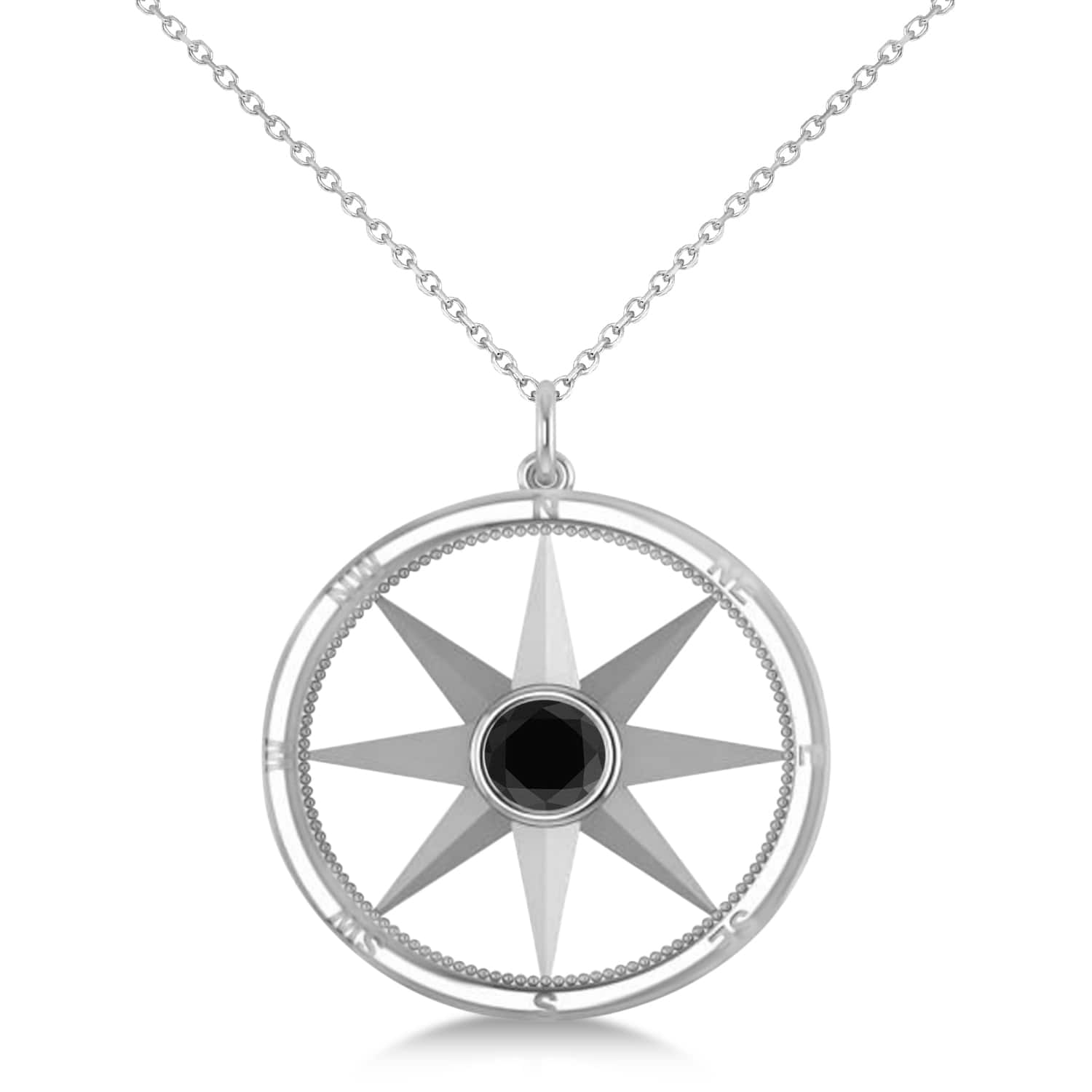 Black Diamond Compass Pendant Fashion Necklace 14k White Gold (0.66ct)