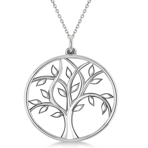 Family Tree of Life Pendant Necklace Plain Metal 18k White Gold