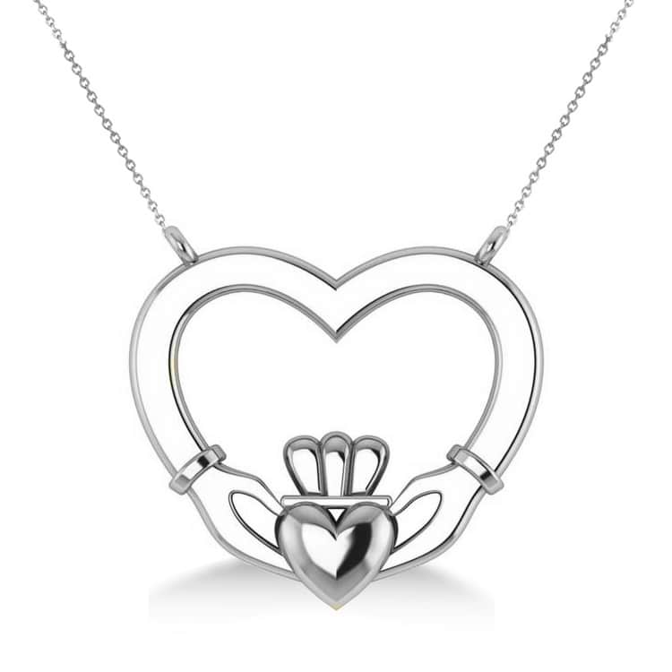 Double Heart Claddagh Pendant Necklace 14k White Gold