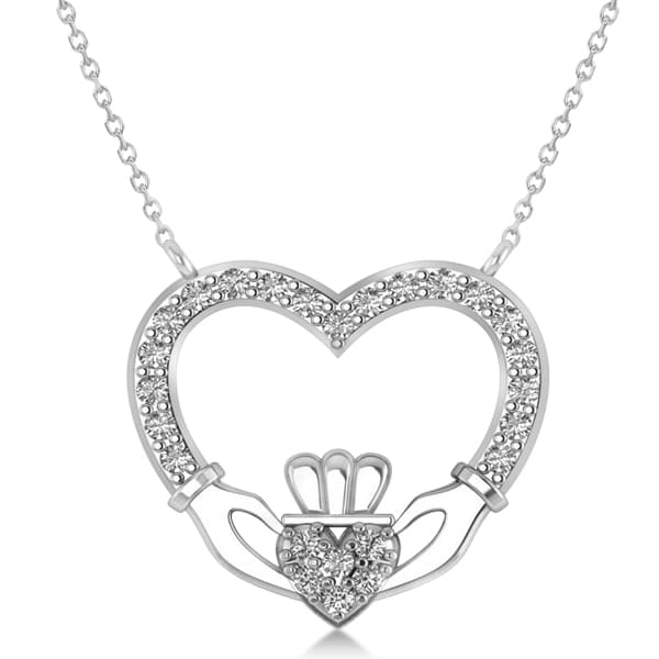 Women's Diamond Irish Claddagh Necklace 14k White Gold 0.25ct - AD1145