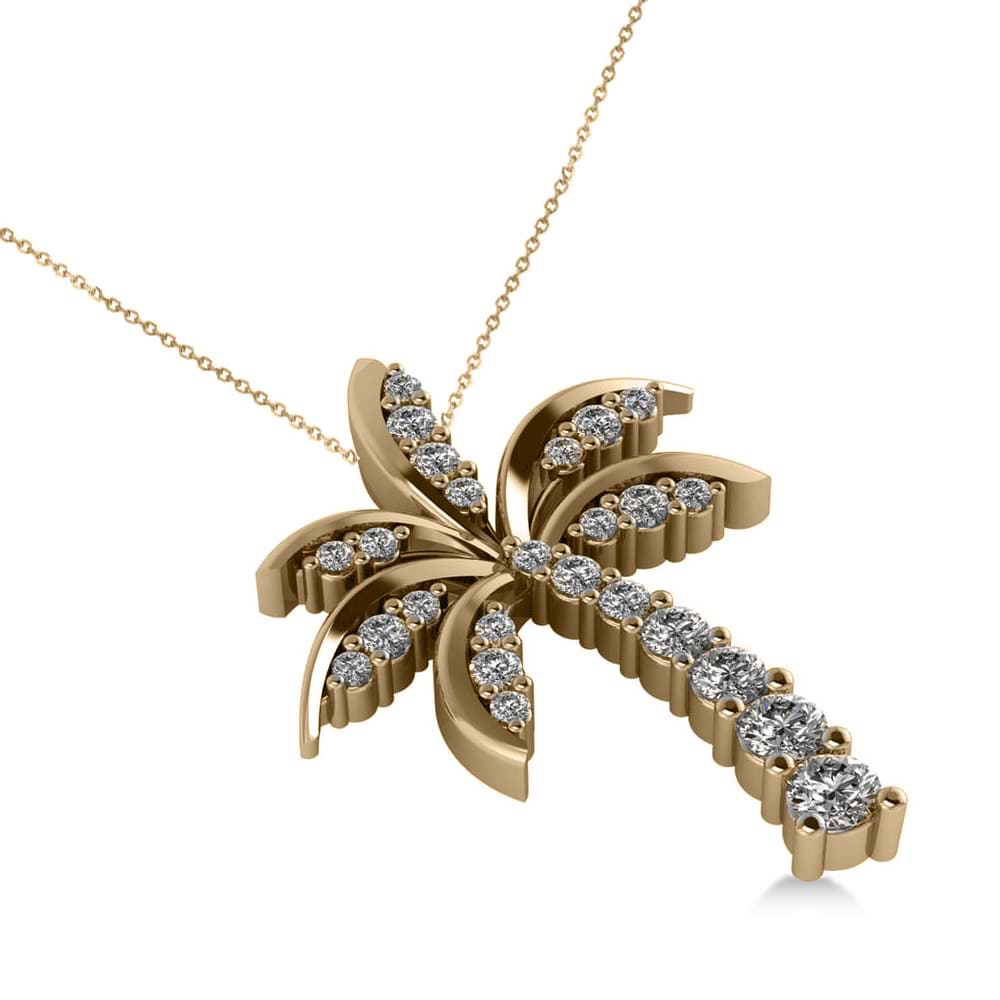 Diamond Tropical Palm Tree Pendant Necklace 14k Yellow Gold (0.50ct)