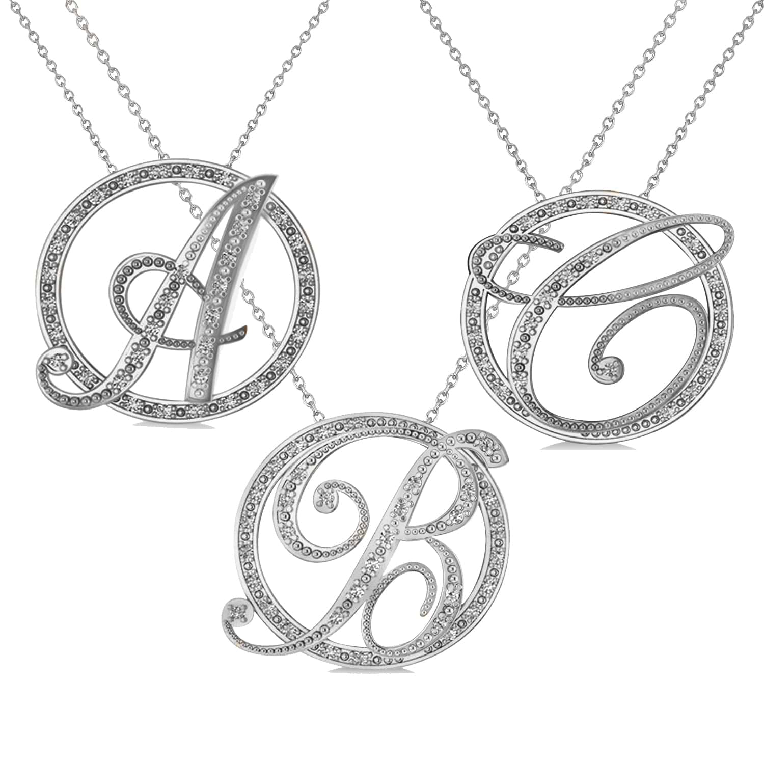 Diamond Circle Script Initials Pendant Necklace 14k White Gold