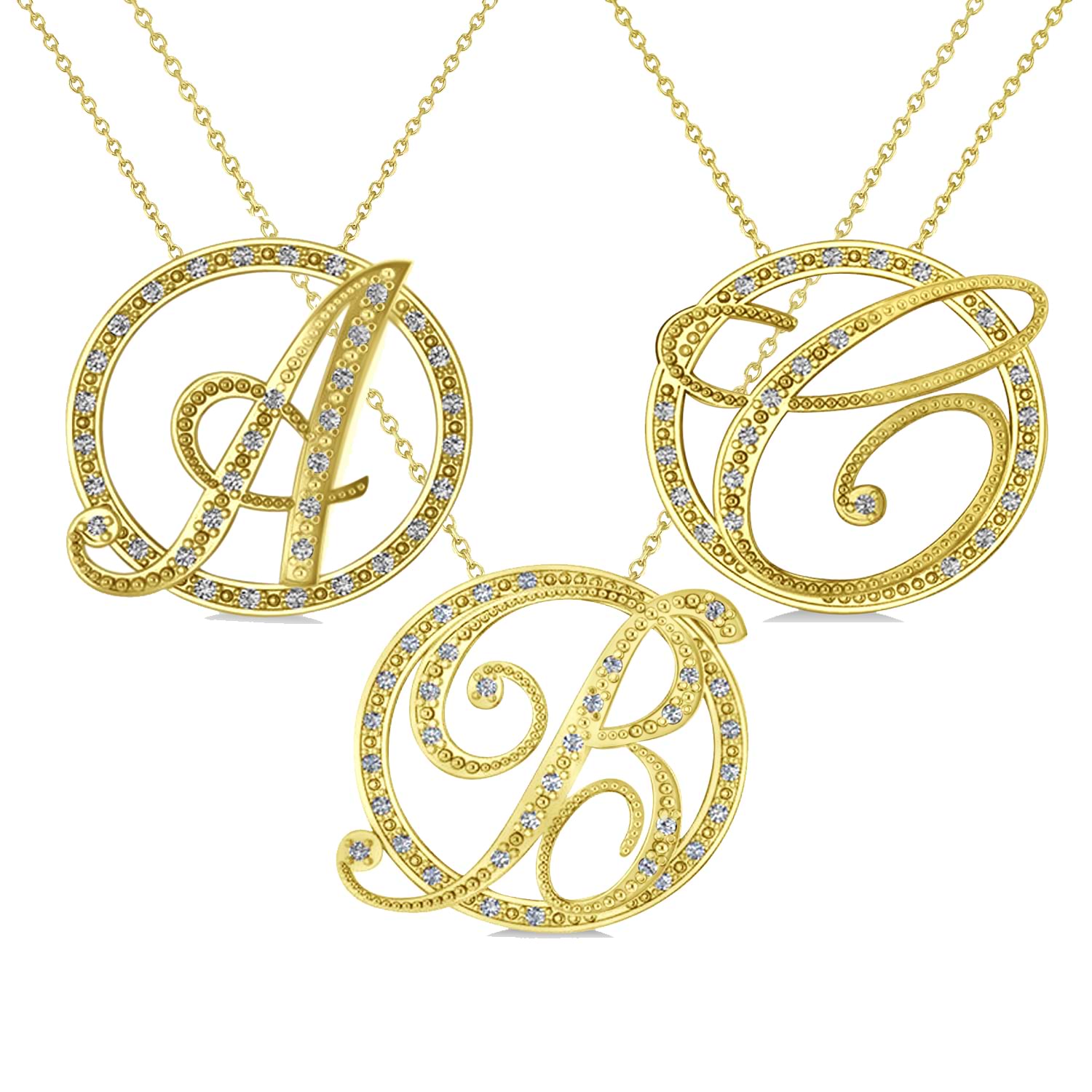 Diamond Circle Script Initials Pendant Necklace 14k Yellow Gold