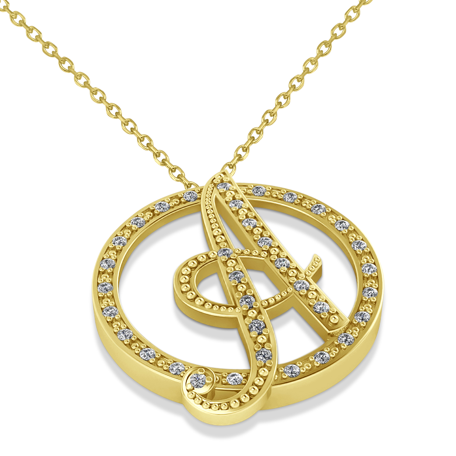 Diamond Circle Script Initials Pendant Necklace 14k Yellow Gold