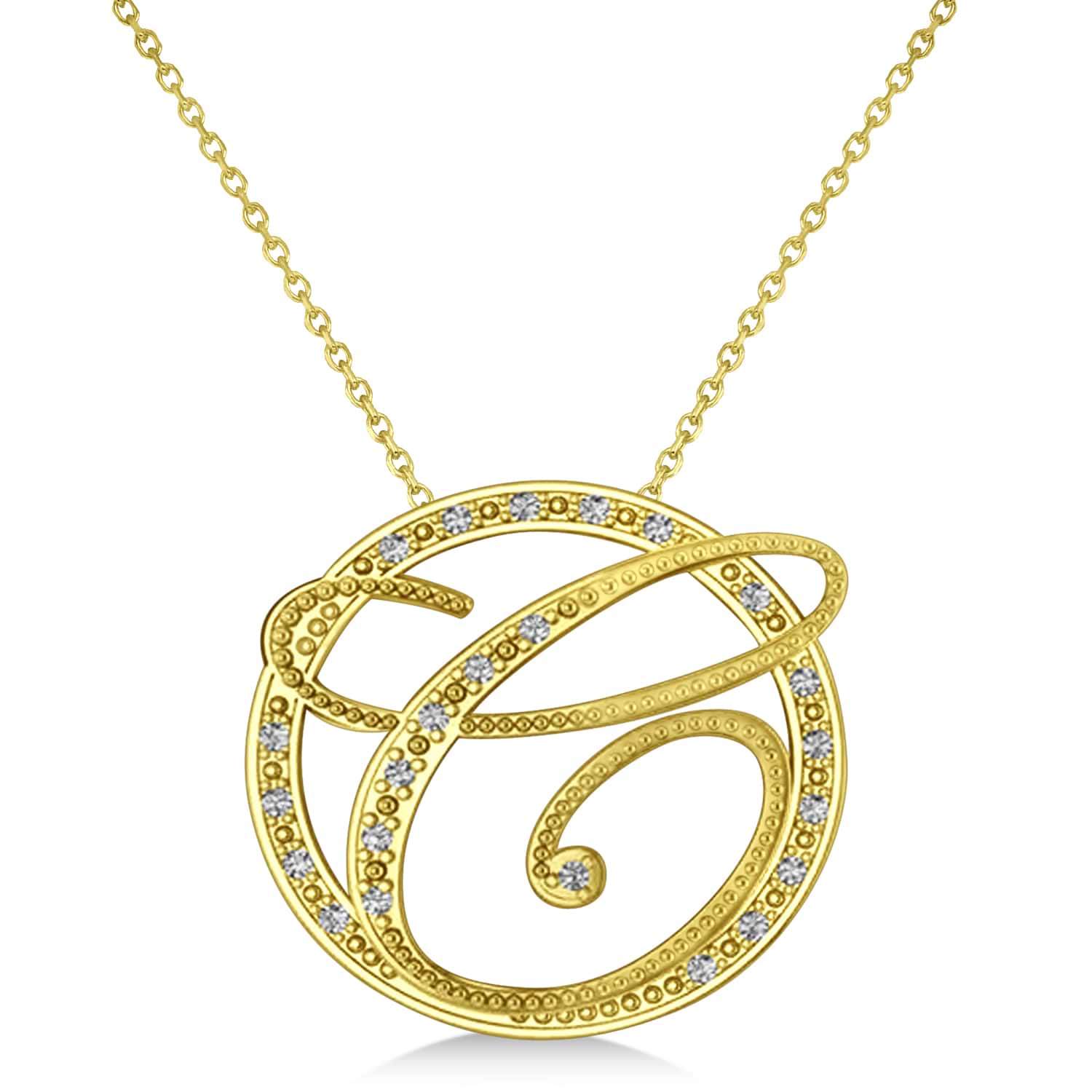 Diamond Circle Script Initials Pendant Necklace 14k Yellow Gold