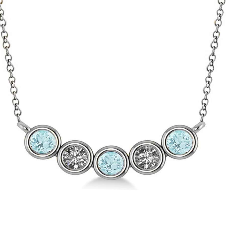 Diamond & Aquamarine 5-Stone Pendant Necklace 14k White Gold 0.25ct