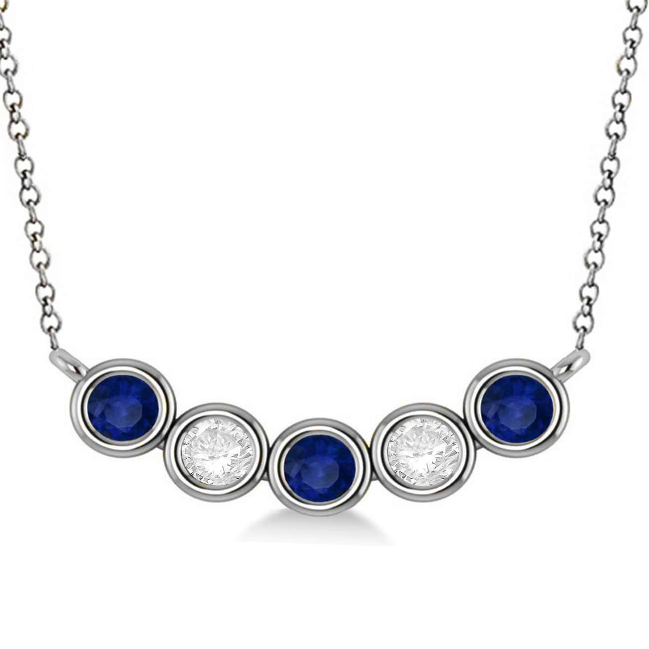 Diamond & Blue Sapphire 5-Stone Pendant Necklace 14k White Gold 1.00ct