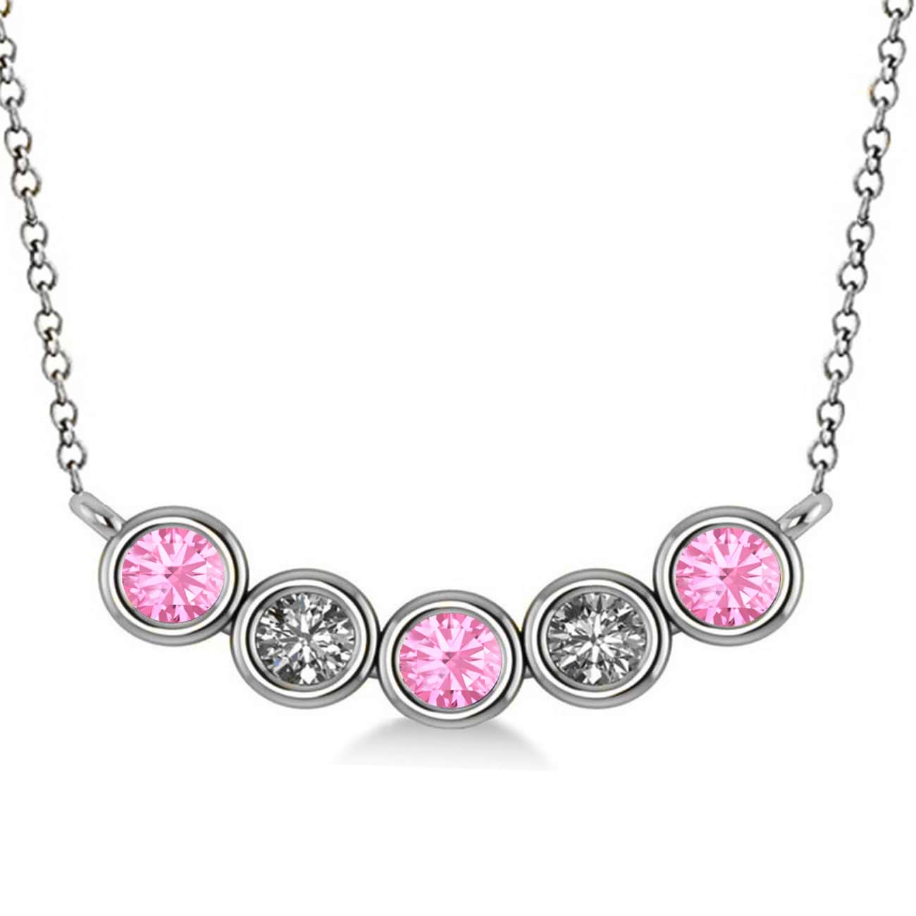 Diamond & Pink Tourmaline 5-Stone Pendant Necklace 14k White Gold 0.25ct
