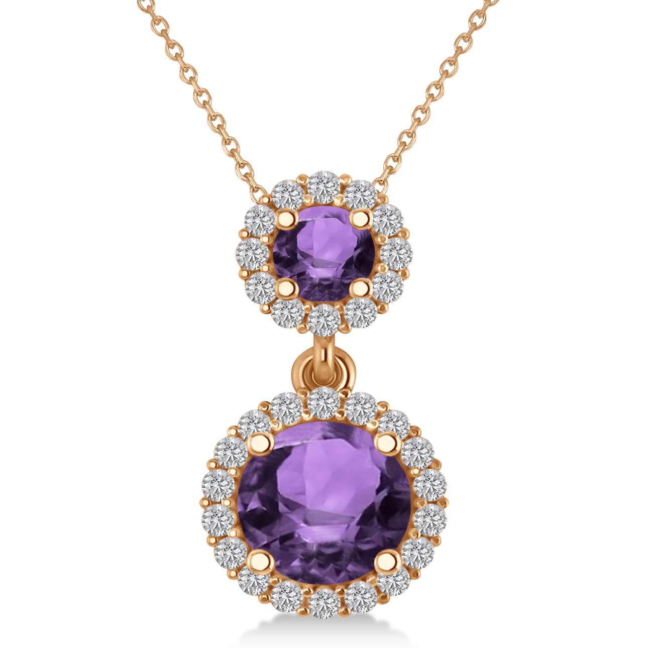 Two Stone Amethyst & Halo Diamond Necklace 14k Rose Gold (1.50ct)