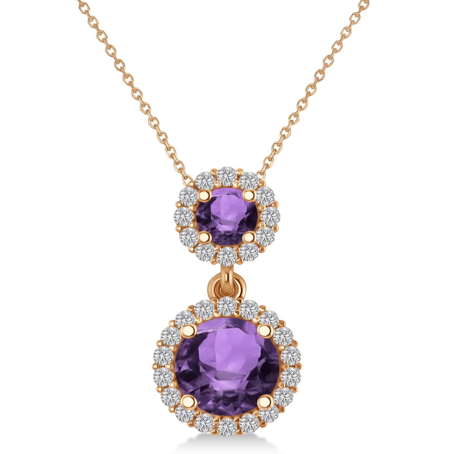 Two Stone Amethyst & Halo Diamond Necklace 14k Rose Gold (1.50ct)