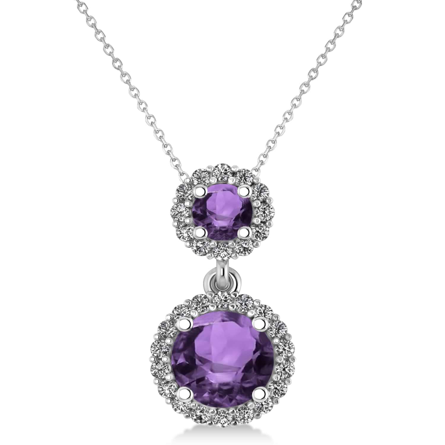 Two Stone Amethyst & Halo Diamond Necklace 14k White Gold (1.50ct)