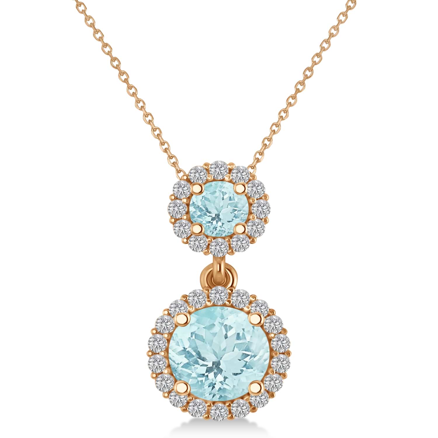 Two Stone Aquamarine & Halo Diamond Necklace 14k Rose Gold (1.50ct)