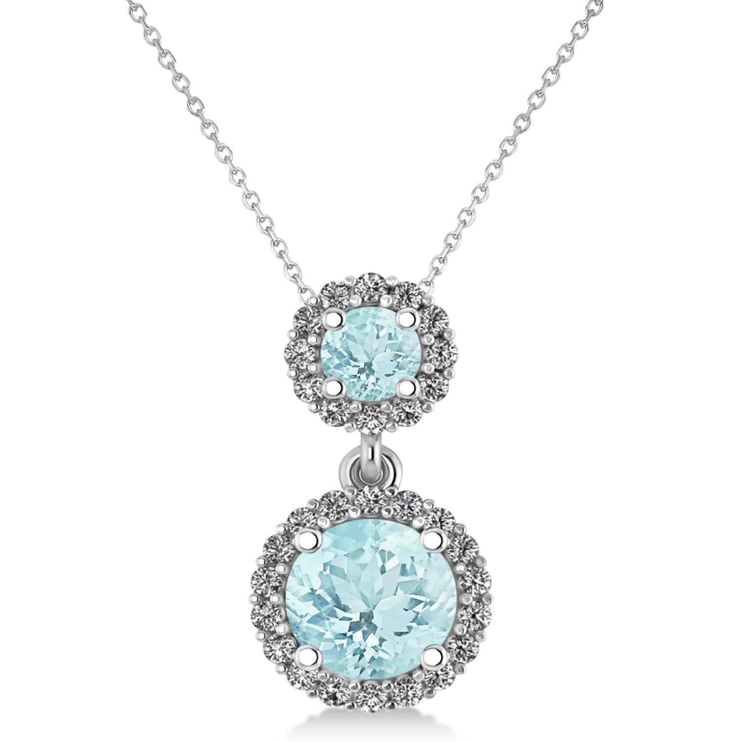 Two Stone Aquamarine & Halo Diamond Necklace 14k White Gold (1.50ct)