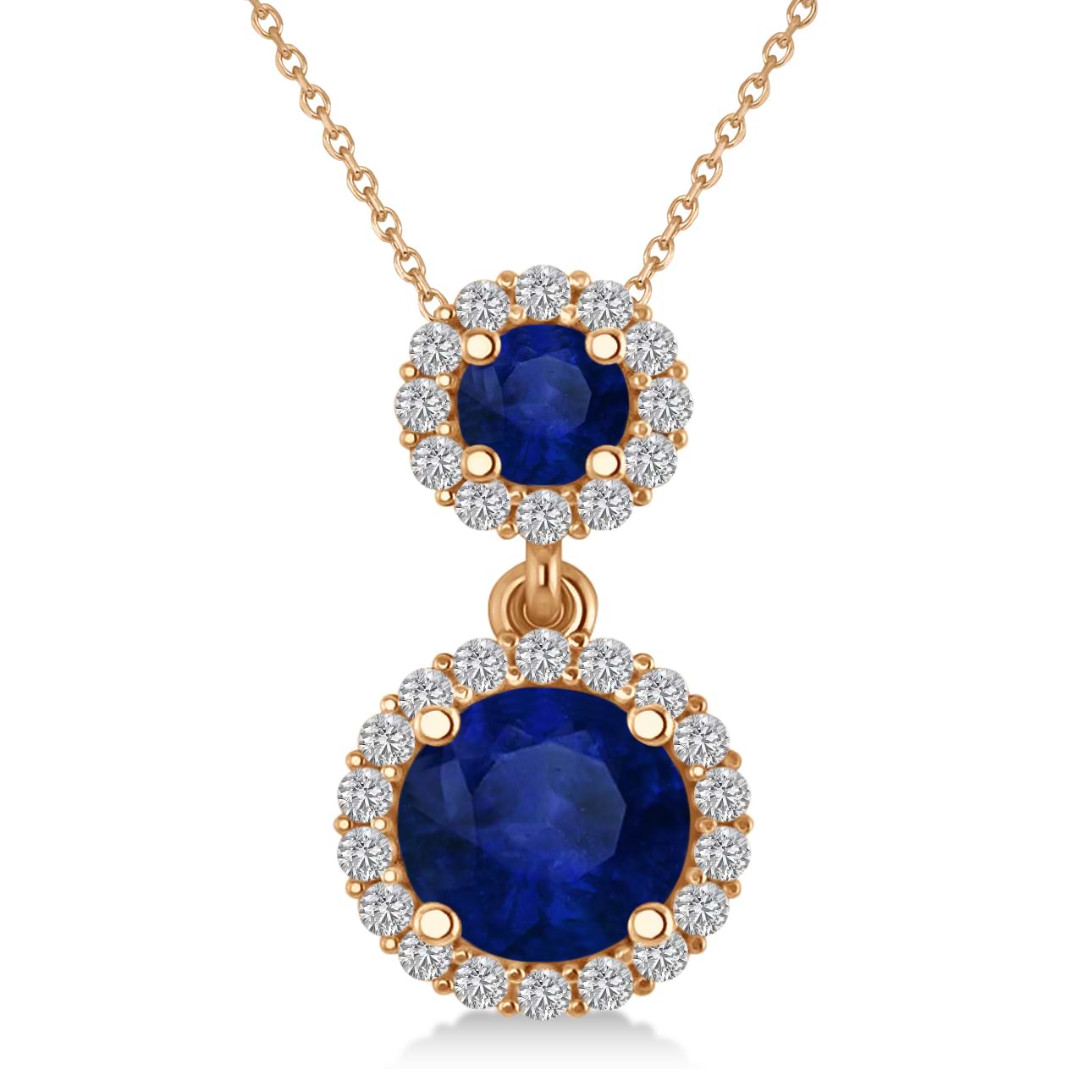 Two Stone Blue Sapphire & Halo Diamond Necklace 14k Rose Gold (1.50ct)