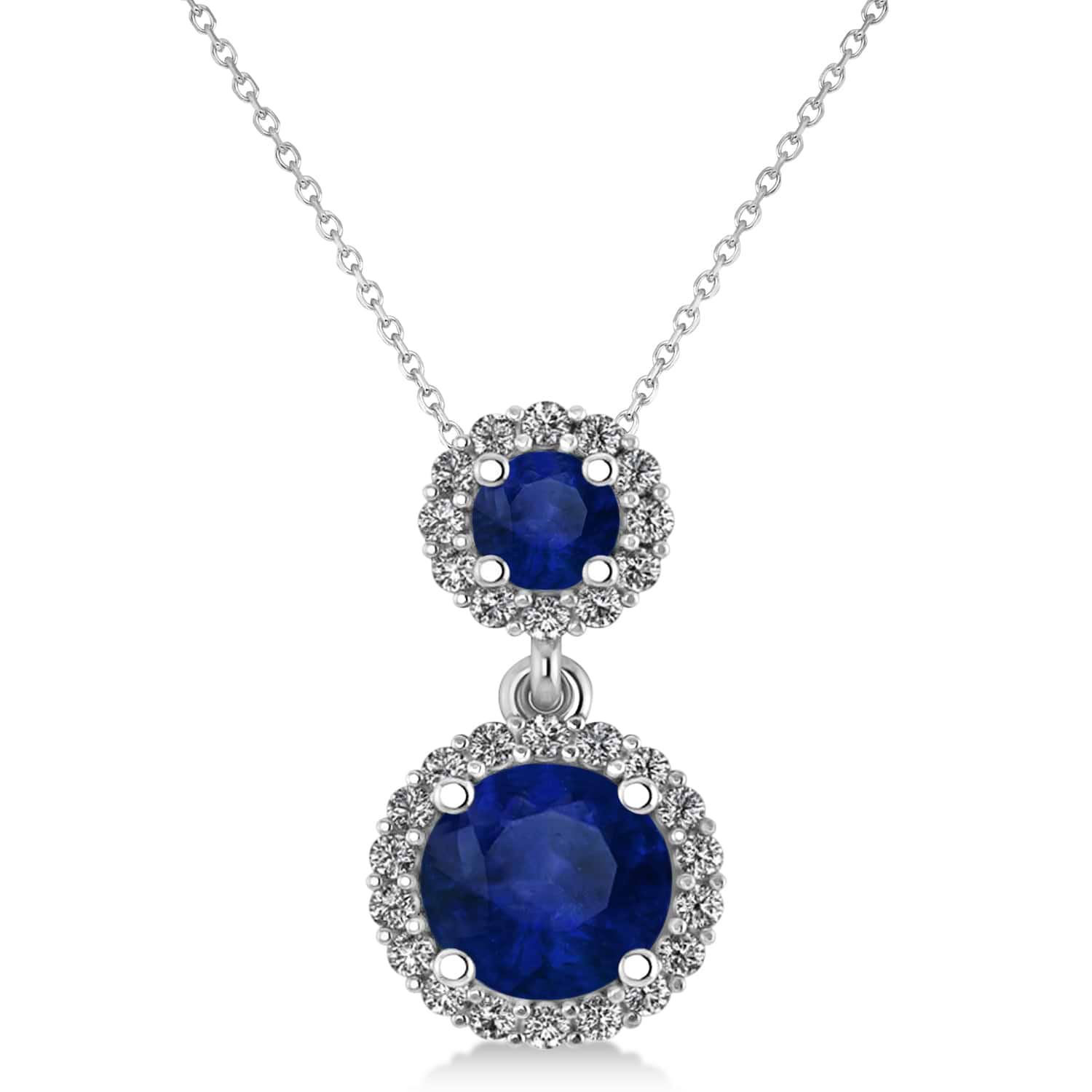 Two Stone Blue Sapphire & Halo Diamond Necklace 14k White Gold (1.50ct)