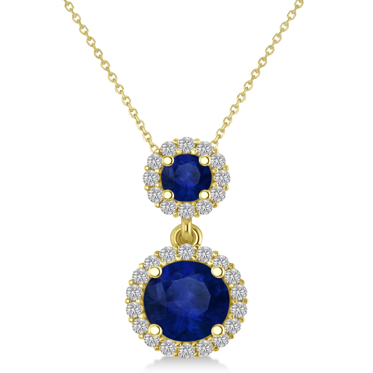 Two Stone Blue Sapphire & Halo Diamond Necklace 14k Yellow Gold (1.50ct)
