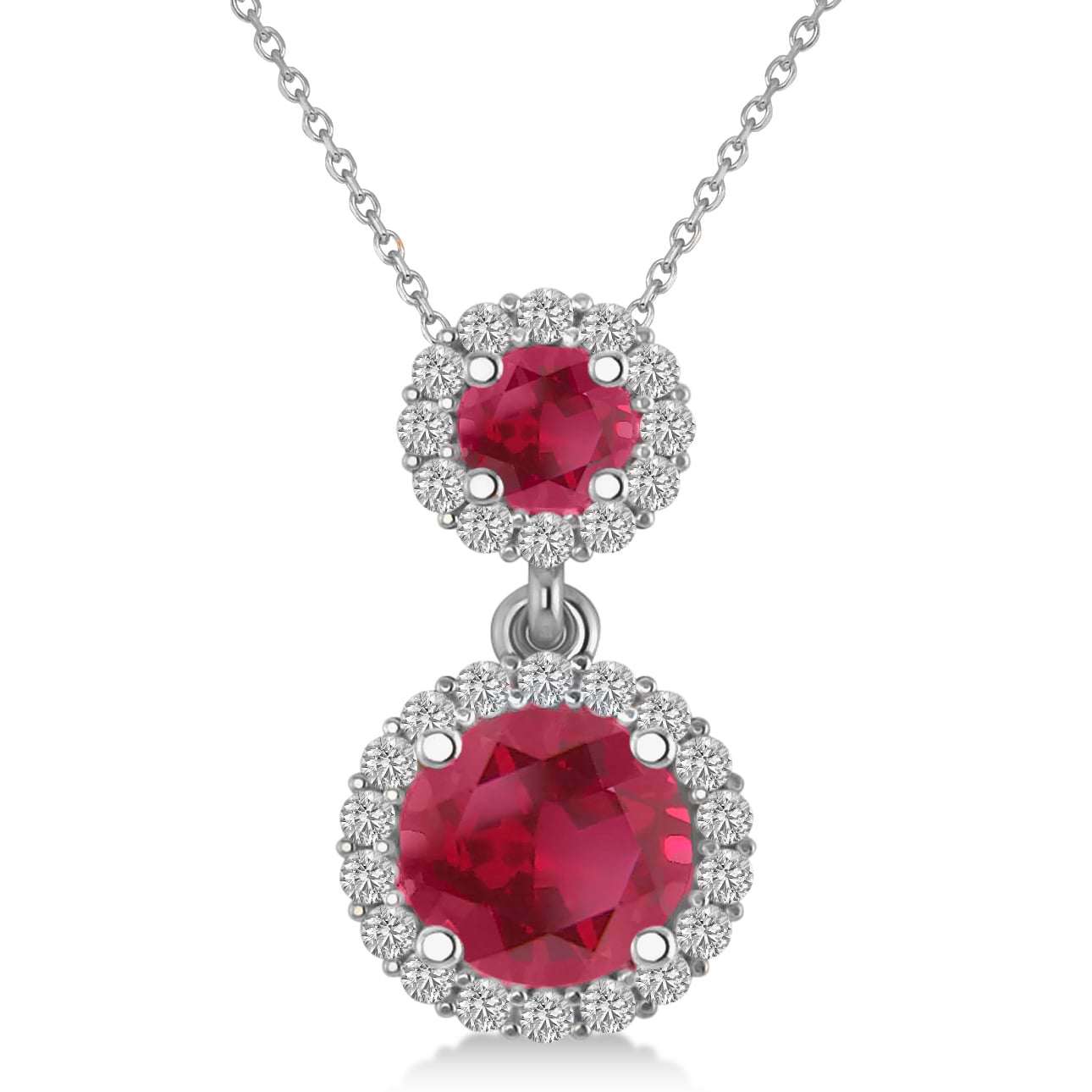 Two Stone Ruby & Halo Diamond Necklace 14k White Gold (1.50ct)